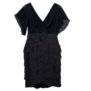 Adrianna Papell Women's Silk Flutter Sleeve Tiered Dress 4 Black Formal Cocktail